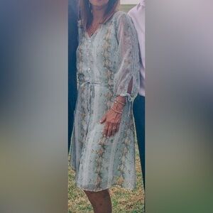 ESQUALO Teal and Brown Patterned Long Sleeve Dress